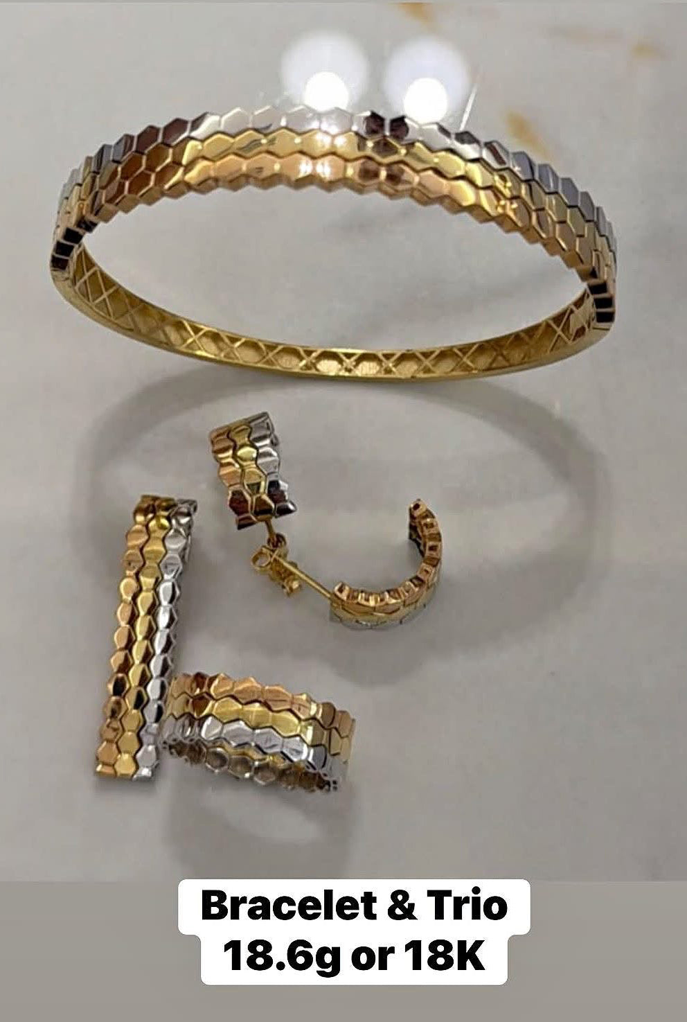 Ensemble Bracelet et Trio Hexagone Tricolore en Or 18 Carats