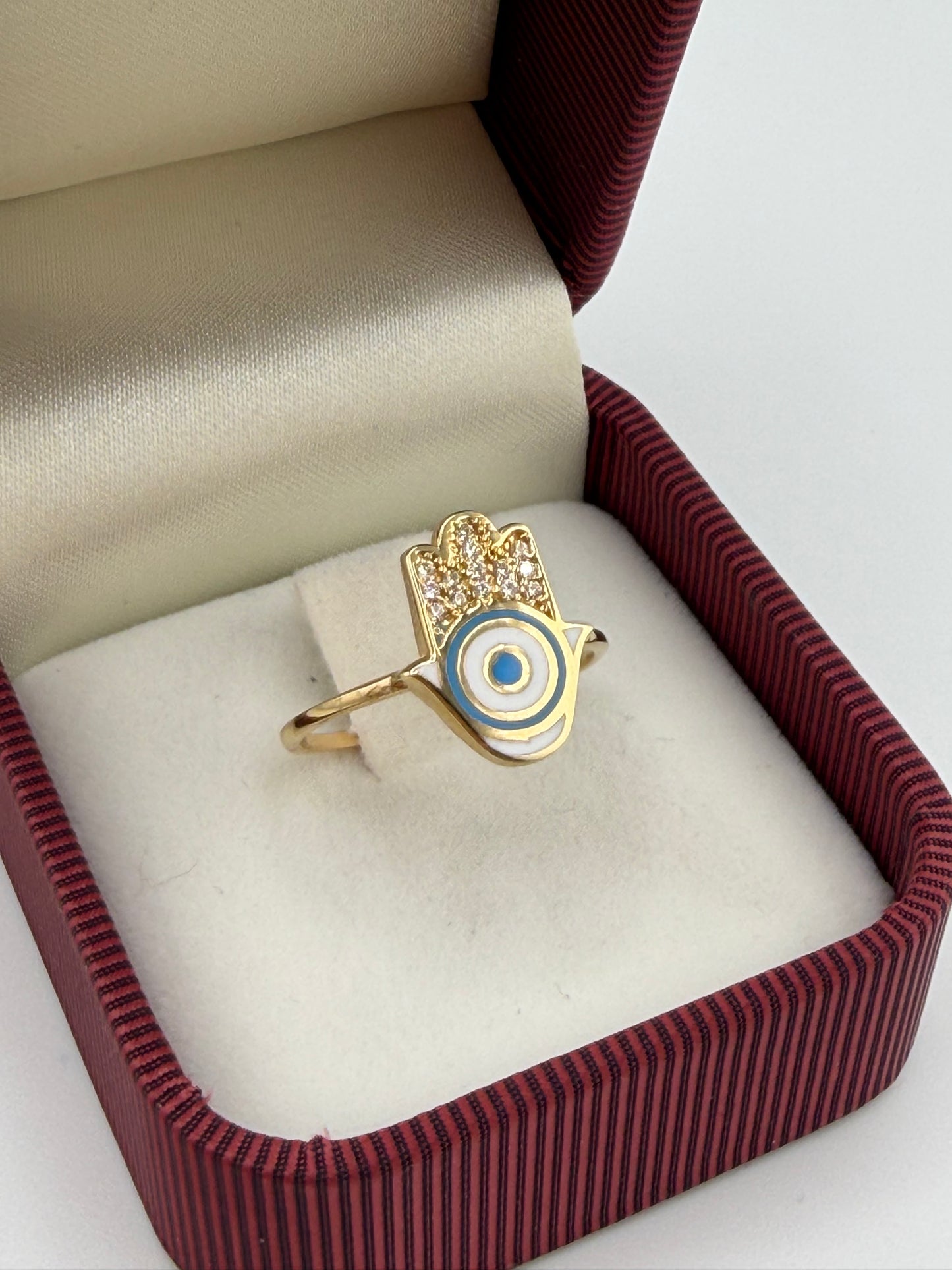 Bague Main de Fatma & Œil Protecteur en Or 18 Carats avec zircons
