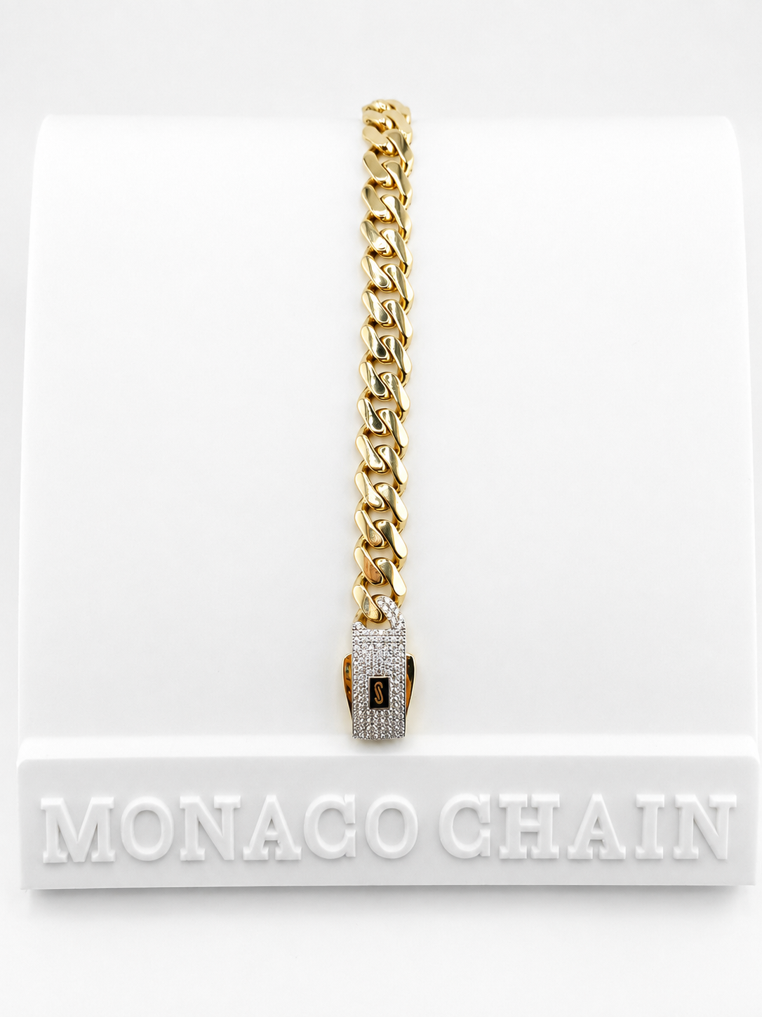 Bracelet Monaco à maille cubaine en or 18K avec zircons – 15,96 g