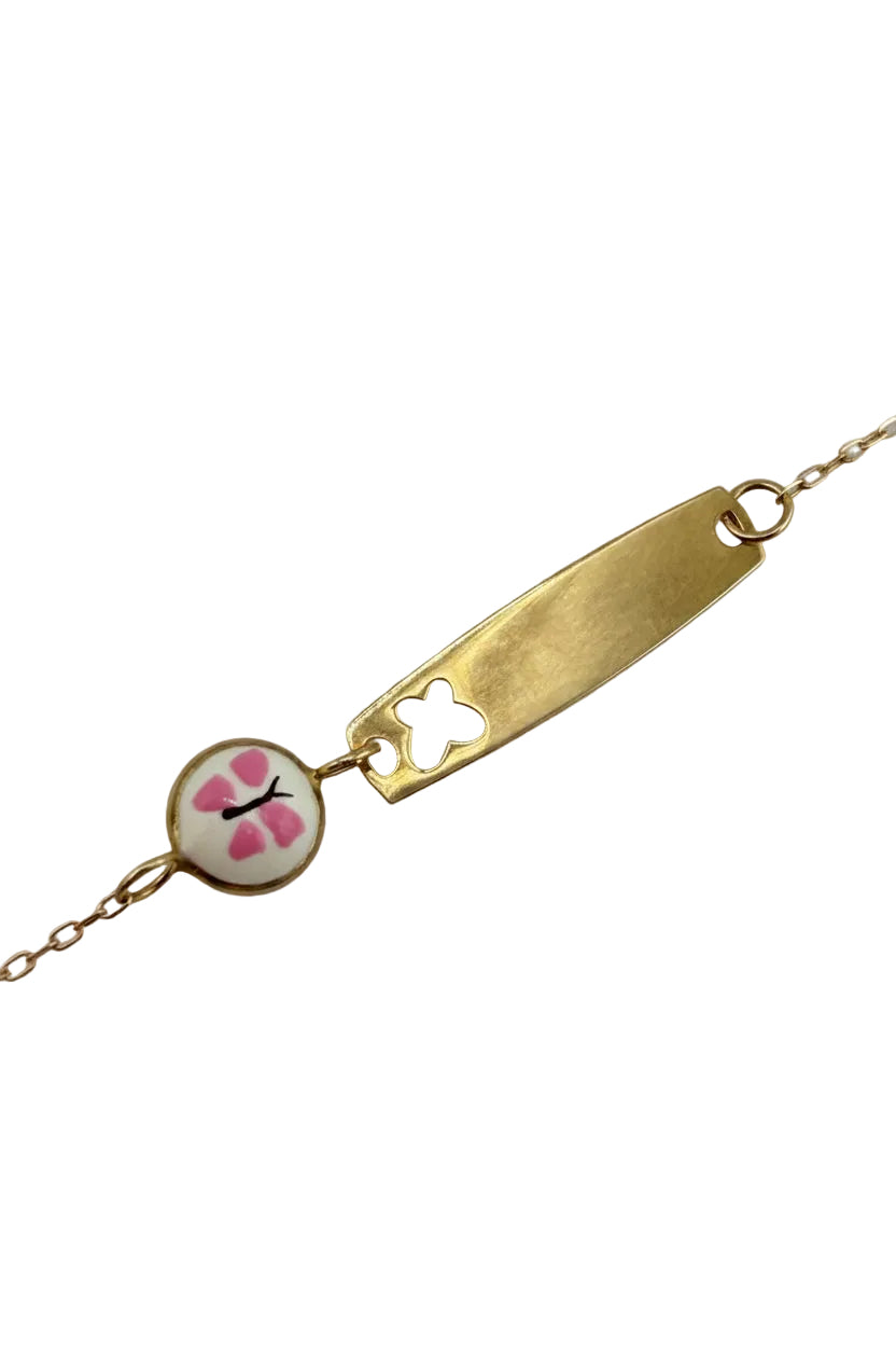 Bracelet bébé – Plaque gravable & motifs fleurs roses