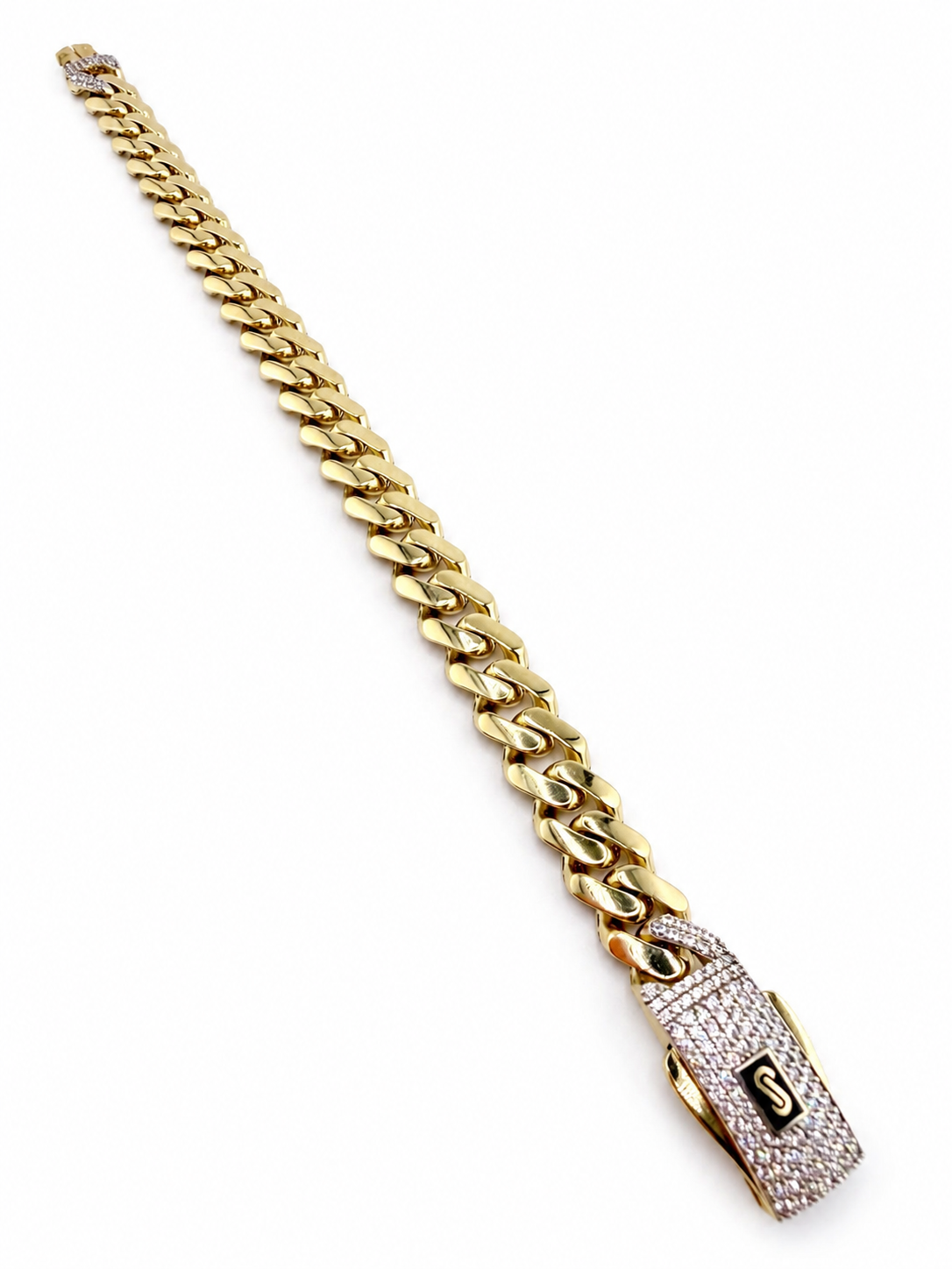 Bracelet Monaco à maille cubaine en or 18K avec zircons – 15,96 g