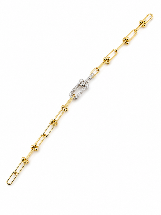 Bracelet Style Trombone à Maillons Uniformes avec Double Maillon Central en Zircons – Or 18 Carats