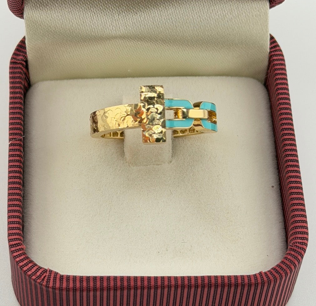 Bague géométrique en or jaune 18K avec finition bleue au laser
