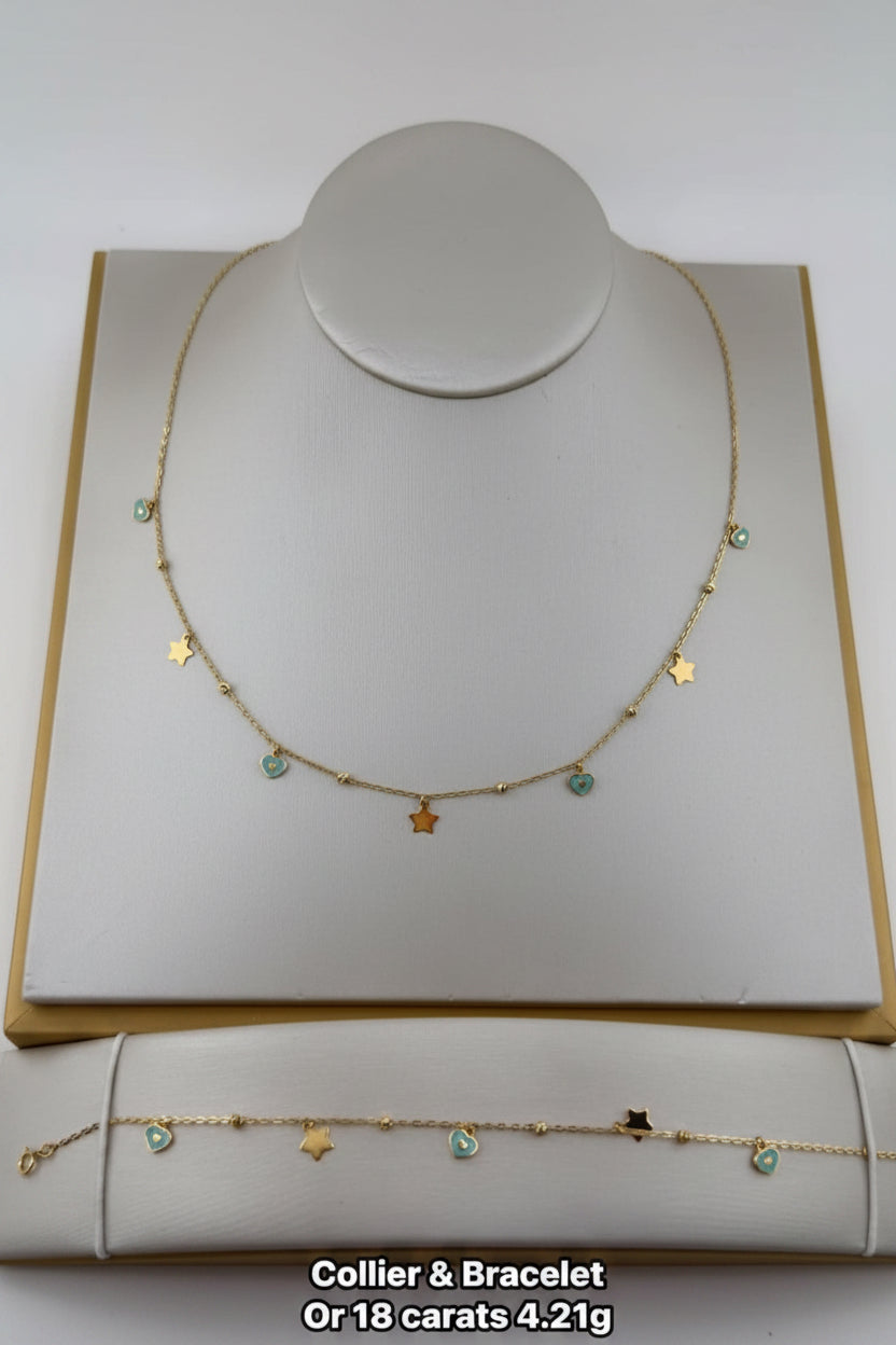 Collier & Bracelet Étoiles & Cœurs Bleu Ciel