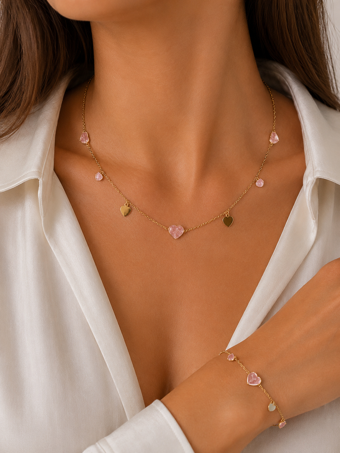 Collier & Bracelet Cœurs Rose Nacré