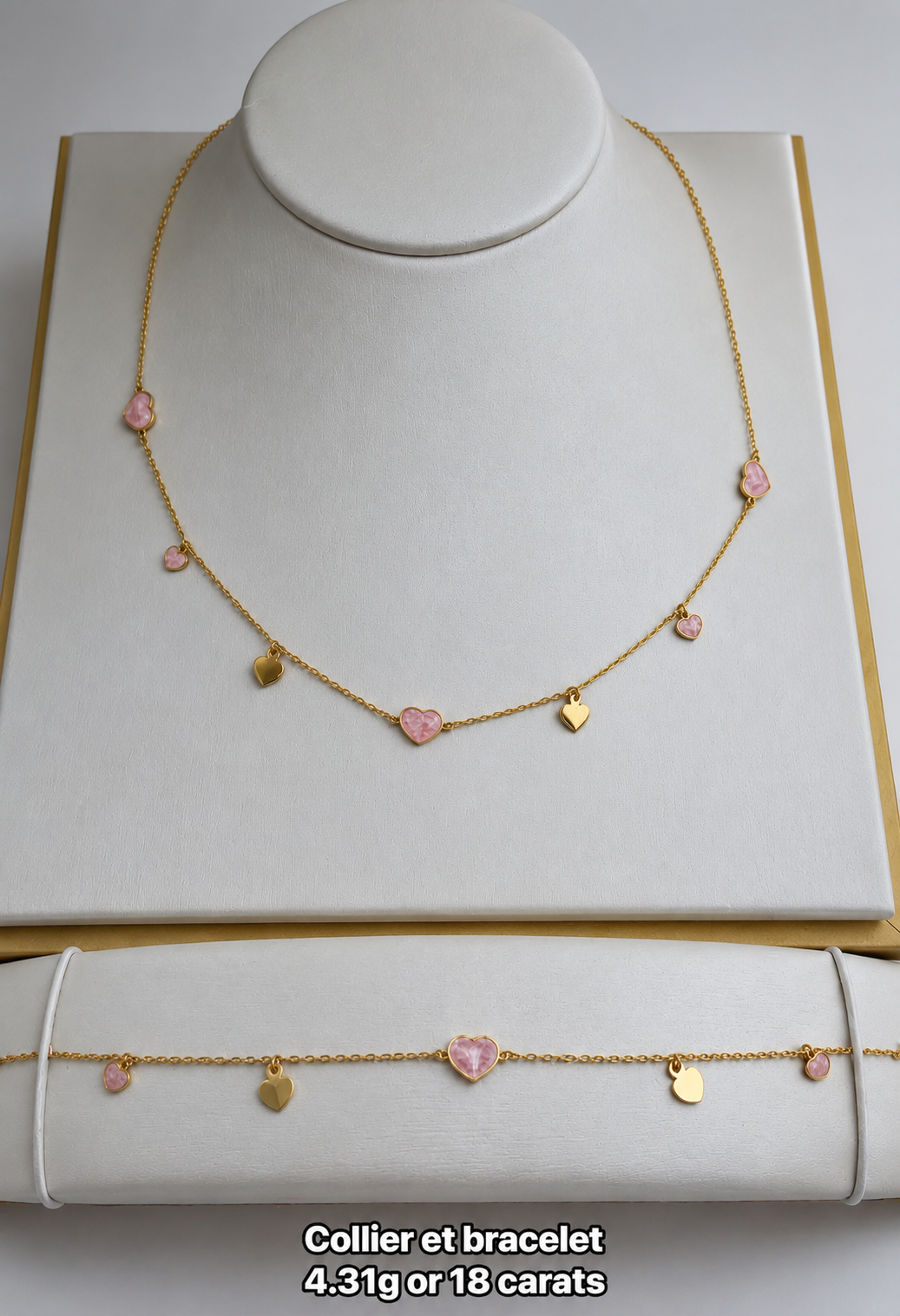 Collier & Bracelet Cœurs Rose Nacré