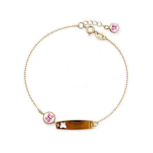 Bracelet bébé – Plaque gravable & motifs fleurs roses
