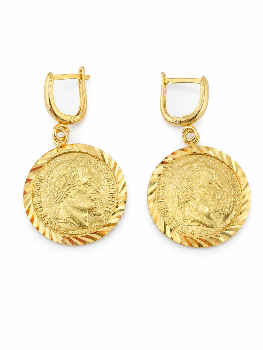 Boucles d’oreilles pendantes style monnaie Napoléon en or 18 carats