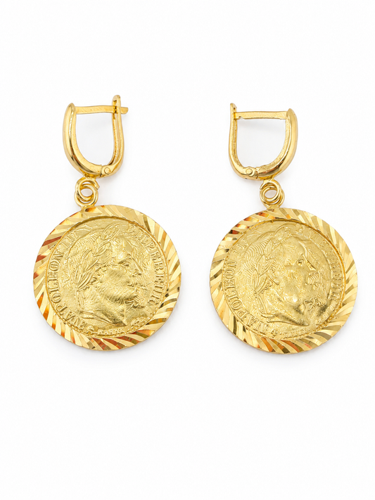 Boucles d’oreilles pendantes style monnaie Napoléon en or 18 carats