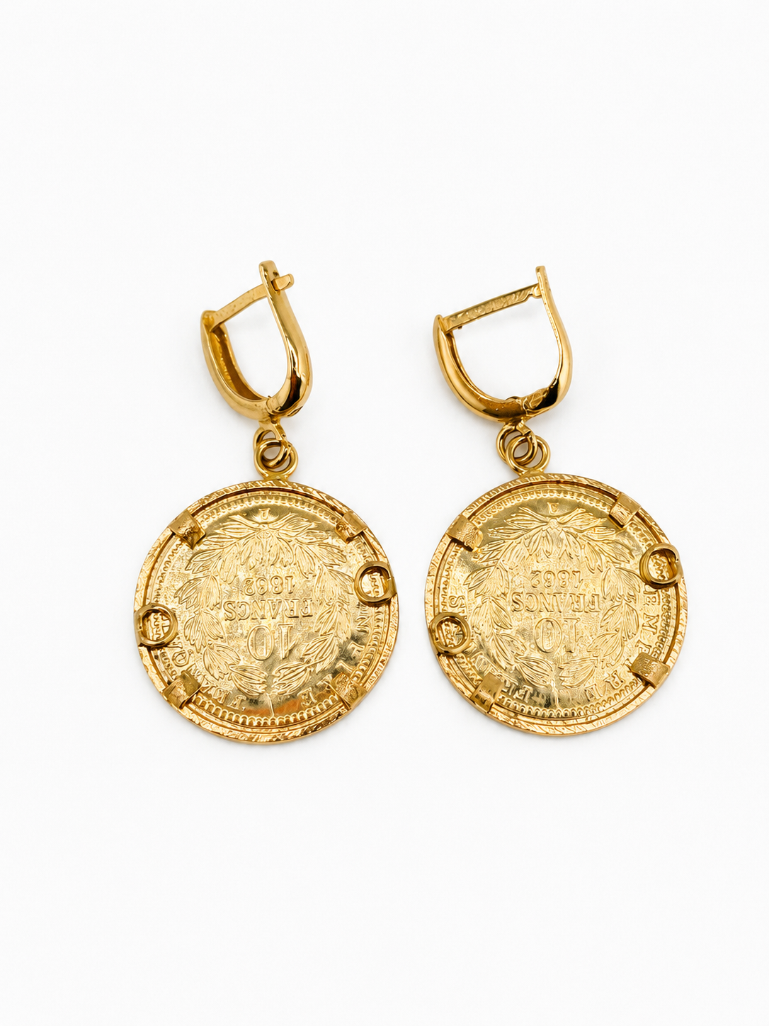 Boucles d’oreilles pendantes style monnaie Napoléon en or 18 carats