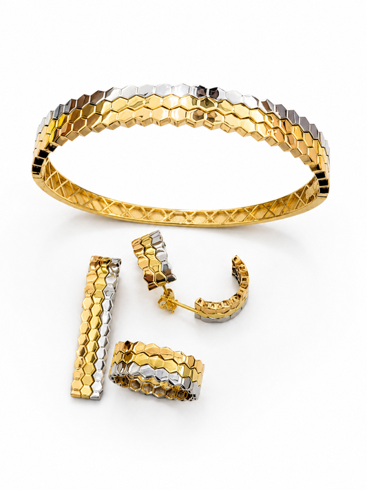Ensemble Bracelet et Trio Hexagone Tricolore en Or 18 Carats
