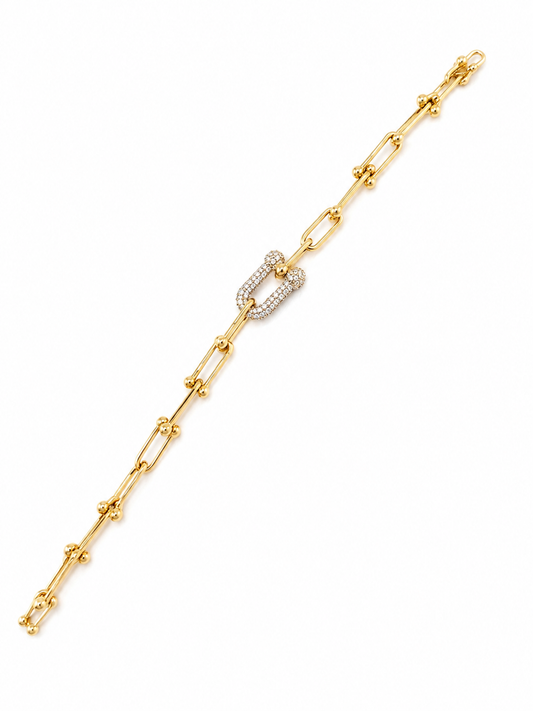 Bracelet Style Trombone à Maillons Uniformes avec Maillon Central Pavé de Zircons en Or 18 Carats