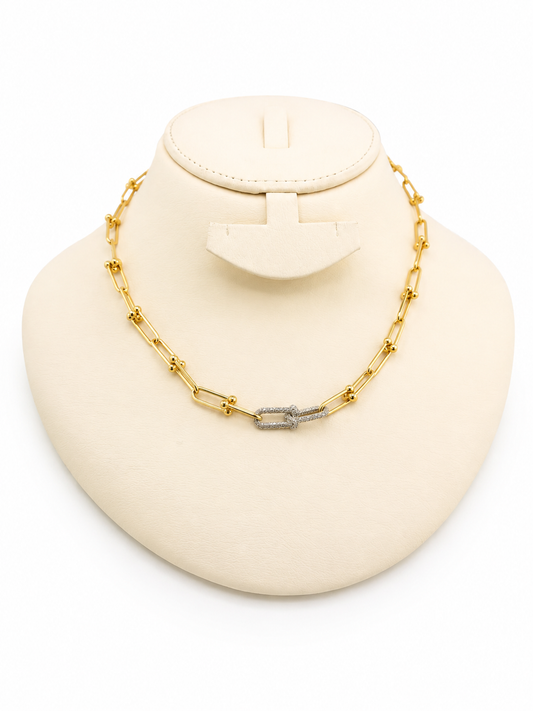 Collier Style Trombone à Double Maillon Pavé en Or 18K