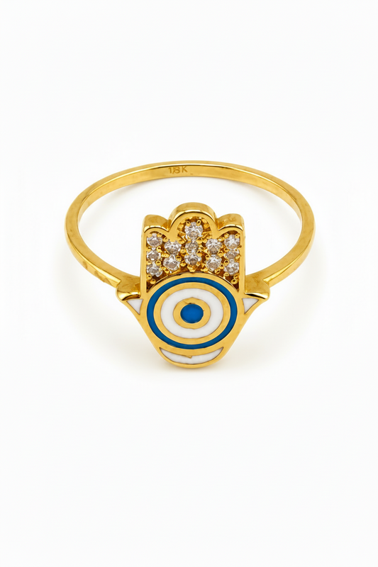 Bague Main de Fatma & Œil Protecteur en Or 18 Carats avec zircons
