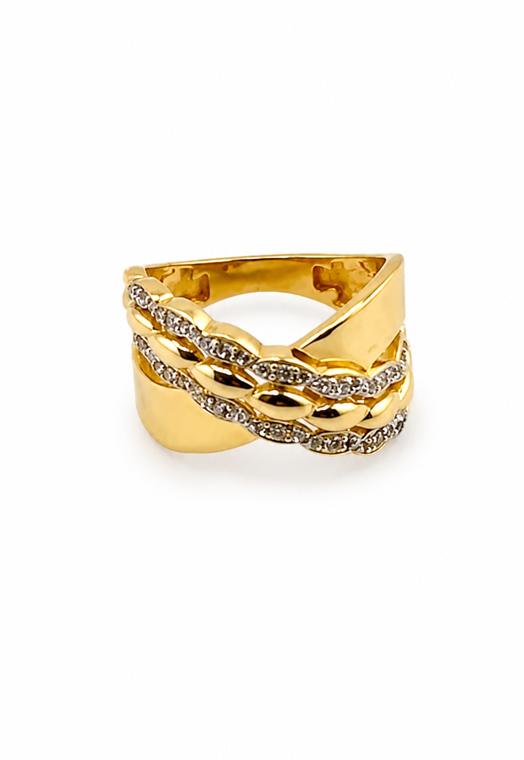 Bague large entrelacée en or 18K avec zircons