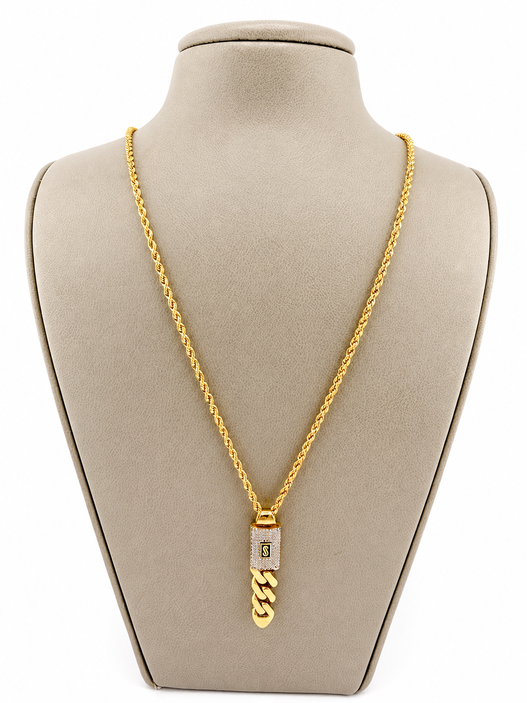 Chaîne torsadée avec pendentif Monaco en zircon – Or 18K, 50 cm