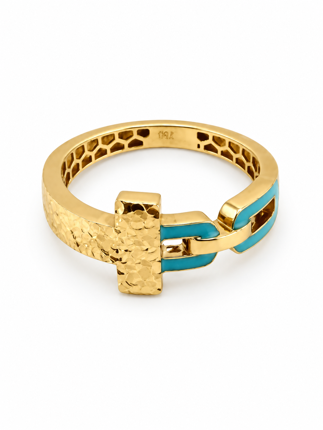 Bague géométrique en or jaune 18K avec finition bleue au laser