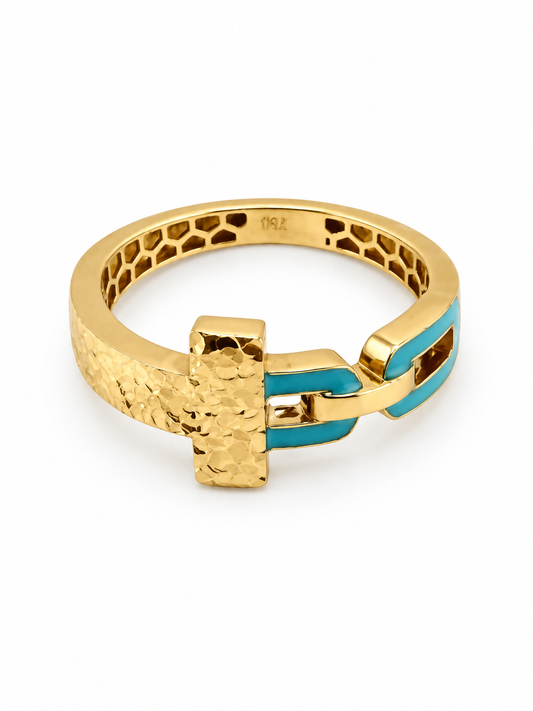 Bague géométrique en or jaune 18K avec finition bleue au laser