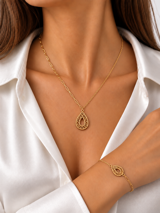 Ensemble collier et bracelet goutte ajourée double face en or 18 carats – 6,15 g